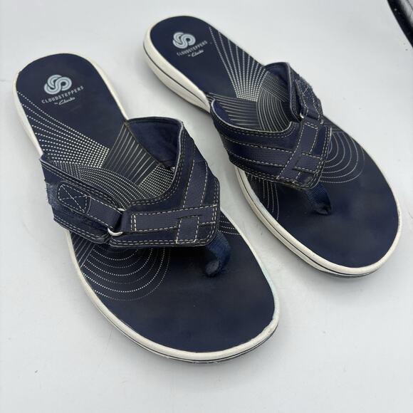 Clarks Sandals Womens Size 10 Cloudsteppers Breeze Sea Navy Blue Flip Flop Thong - Picture 1 of 9